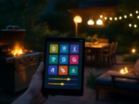découvrez l'éclairage par zones avec des scènes "bbq" pilotées via tablette tactile microsoft, pour une domotique intuitive et conviviale.