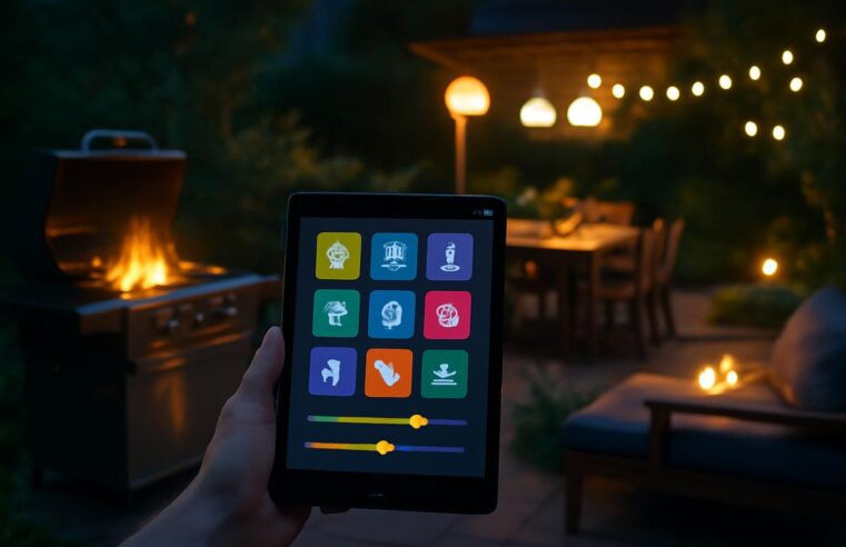 découvrez l'éclairage par zones avec des scènes "bbq" pilotées via tablette tactile microsoft, pour une domotique intuitive et conviviale.