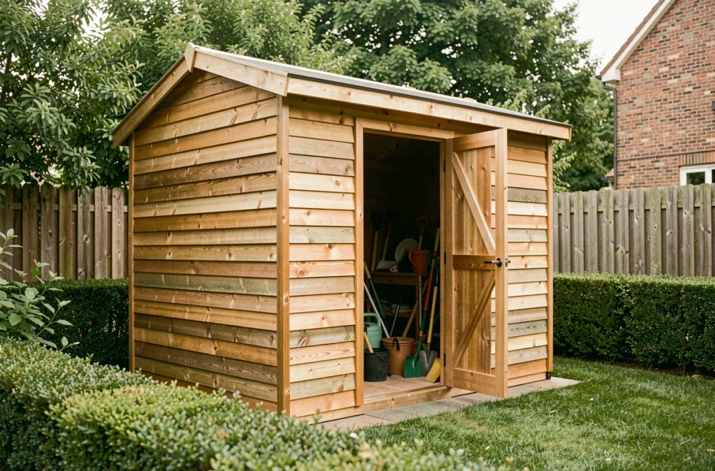 Abri de jardin en bois installé dans un jardin résidentiel français avec outils visibles