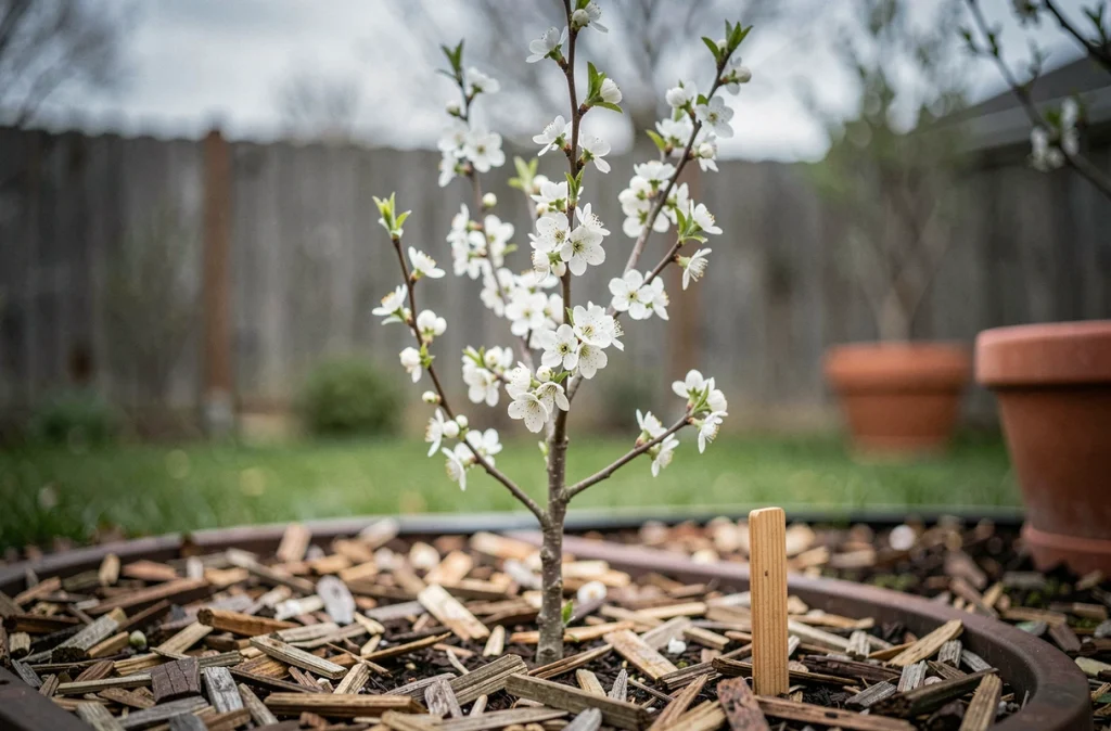 Arbuste à fleurs blanches fraîchement planté dans un massif paillé de jardin domestique au printemps