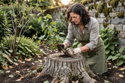Femme jardinière extrayant une bouture de lilas depuis une vieille souche dans un jardin naturel