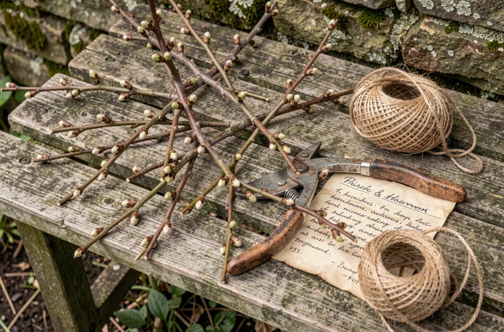 Détail de branches de prunus fraîchement taillées sur un banc en bois avec sécateur et guide de taille, ambiance jardin nature