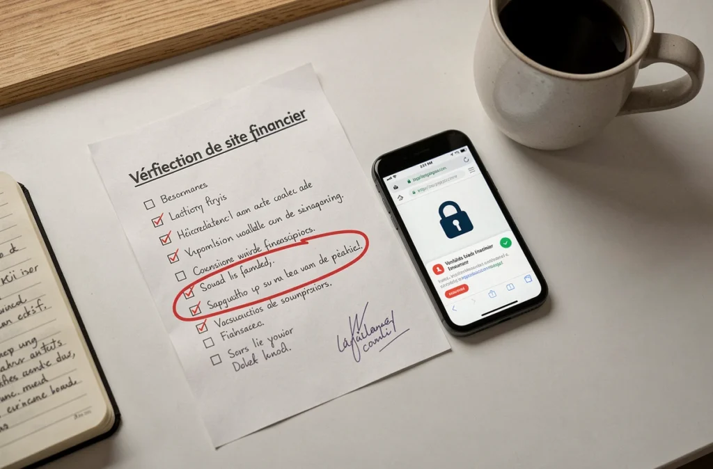 Vue aérienne d'un bureau avec checklist imprimée et annotations manuscrites pour identifier les signes d'arnaque sur un site d'investissement comme Parkside
