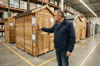 Client comparant des abris de jardin en bois exposés dans un grand magasin de bricolage