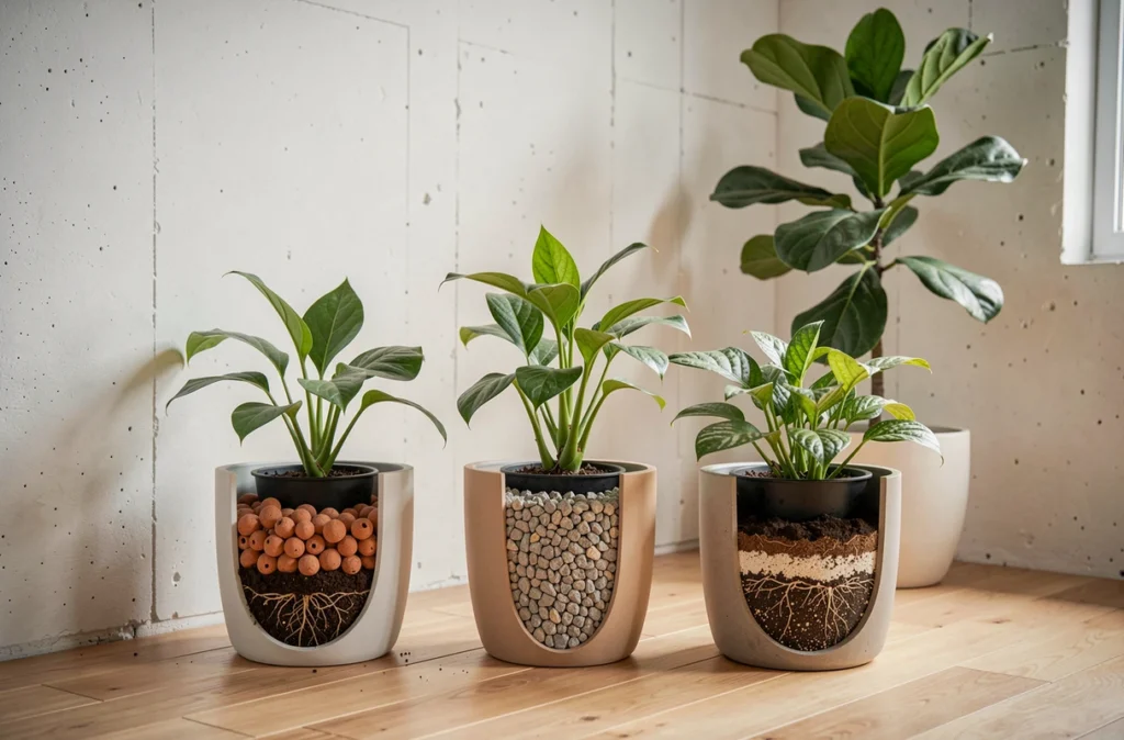 Coupe transversale de pots de plantes d'intérieur montrant les couches de drainage avec billes d'argile et pouzzolane dans un appartement de style scandinave