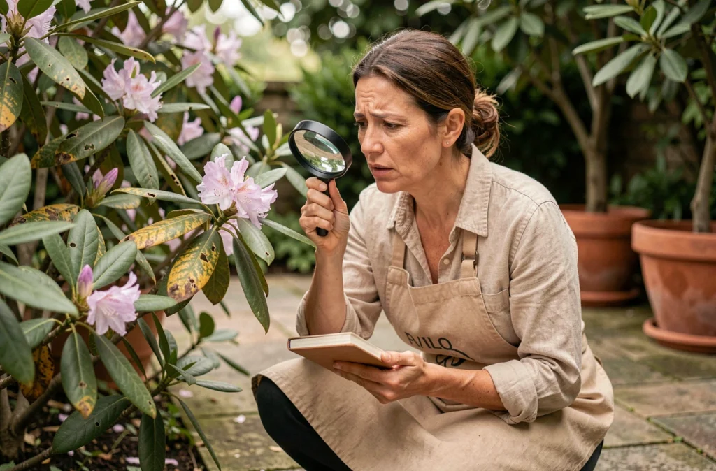 Femme jardinière examinant à la loupe les feuilles d'un rhododendron malade pour diagnostiquer la maladie