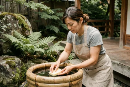 Femme entretenant une fontaine en bambou dans un jardin japonais en nettoyant le bassin avec une éponge naturelle