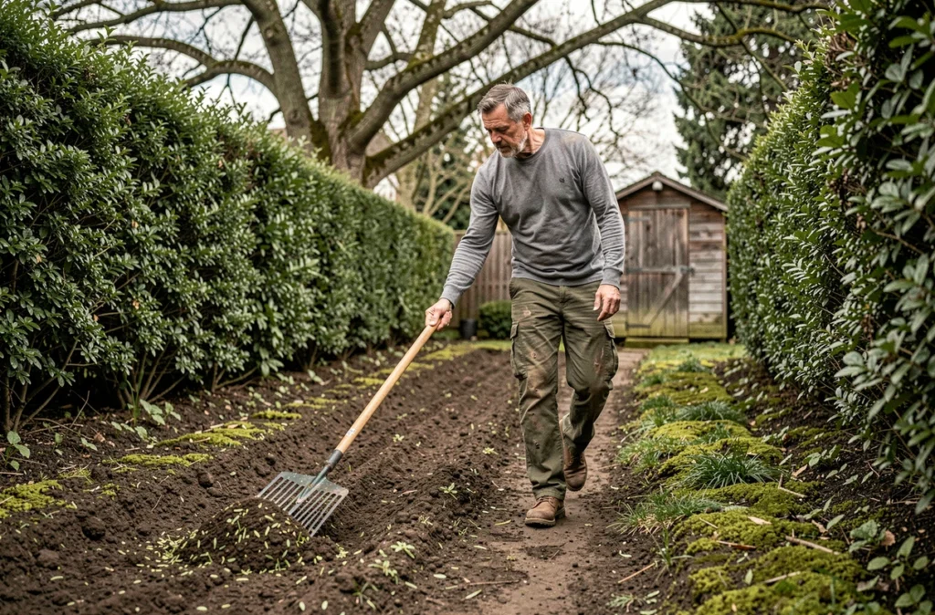 Homme utilisant un épandeur à main pour semer du gazon ombragé le long d'un chemin de jardin entouré de haies denses et d'arbres matures