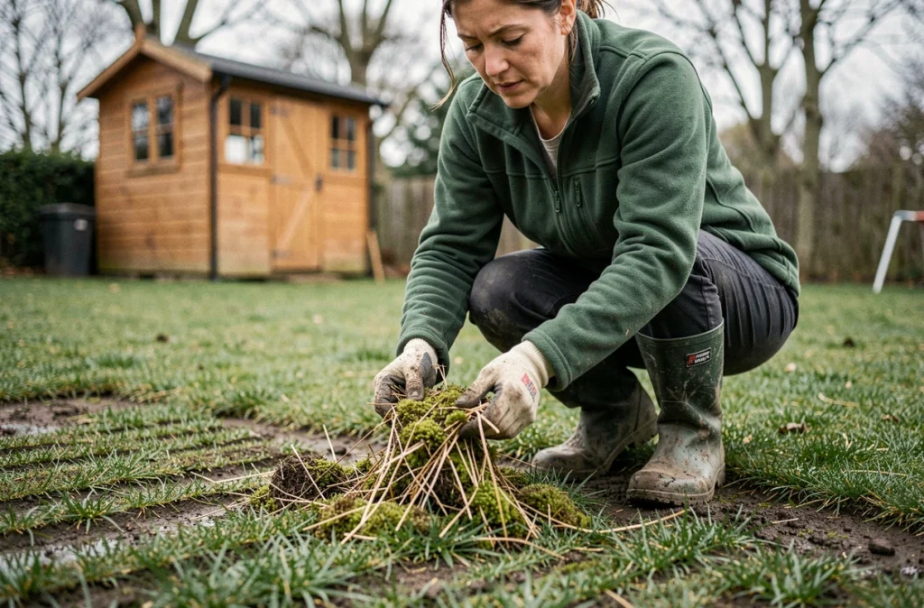 Femme examinant les débris de chaume et de mousse après la scarification d'une pelouse dans un jardin au printemps
