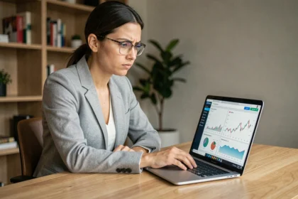 Femme analysant une plateforme d'investissement en ligne sur un ordinateur portable pour vérifier l'authenticité d'un site financier comme Parkside en 2026