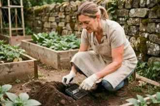 Femme jardinière installant un piège répulsif humain dans une taupinière au jardin potager