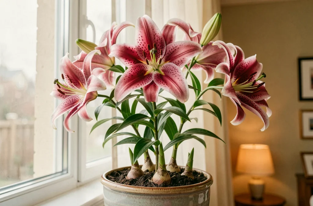 Lys oriental en pleine floraison dans un pot en céramique sur un rebord de fenêtre intérieur au printemps