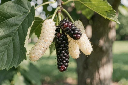 Grappes de fruits mûrs du mûrier platane avec drupes blanches et violettes sur une branche feuillue