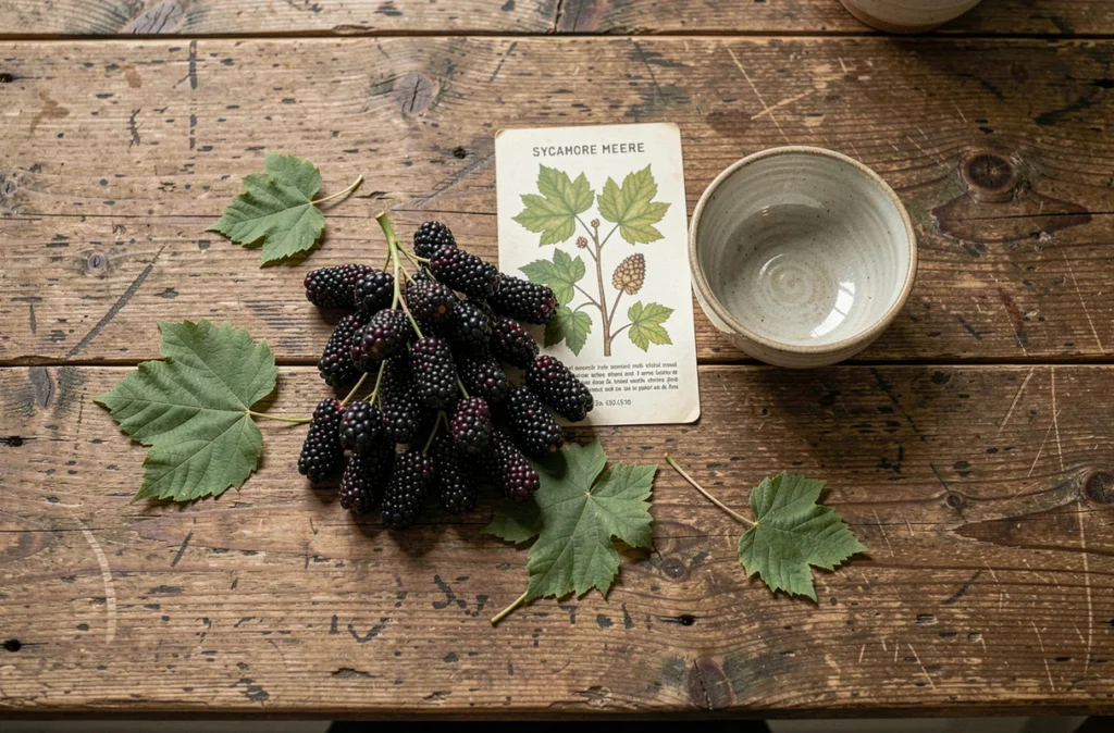 Fruits du mûrier platane fraîchement cueillis sur une table en bois avec feuilles pour identification botanique