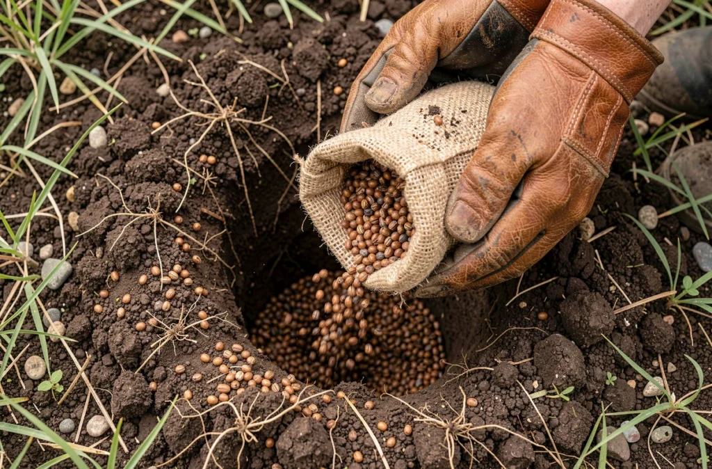 Mains versant des granulés répulsifs naturels à base de ricin dans une taupinière pour repousser les taupes