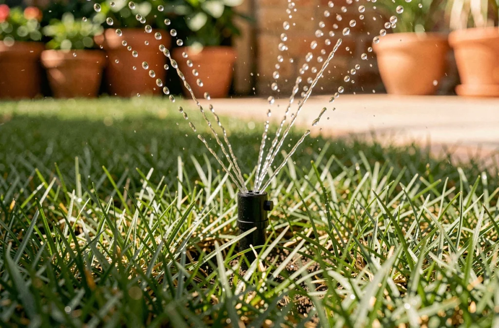 Gros plan sur des brins de gazon arrosés par un système d'irrigation automatique pendant une période de forte chaleur