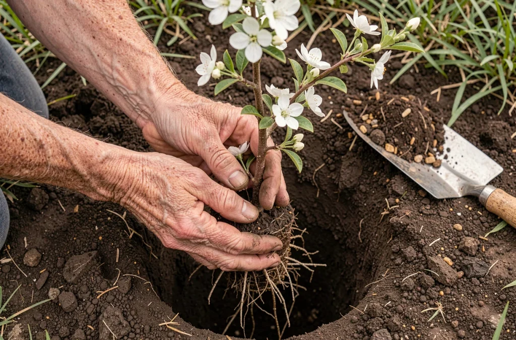 Gros plan de mains plantant un arbuste à fleurs blanches dans un sol enrichi de compost au printemps