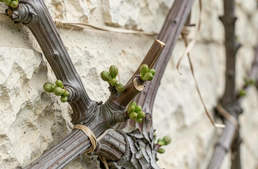 Gros plan sur des sarments de vigne palissée taillés avec des bourgeons gonflants contre un mur en pierre calcaire