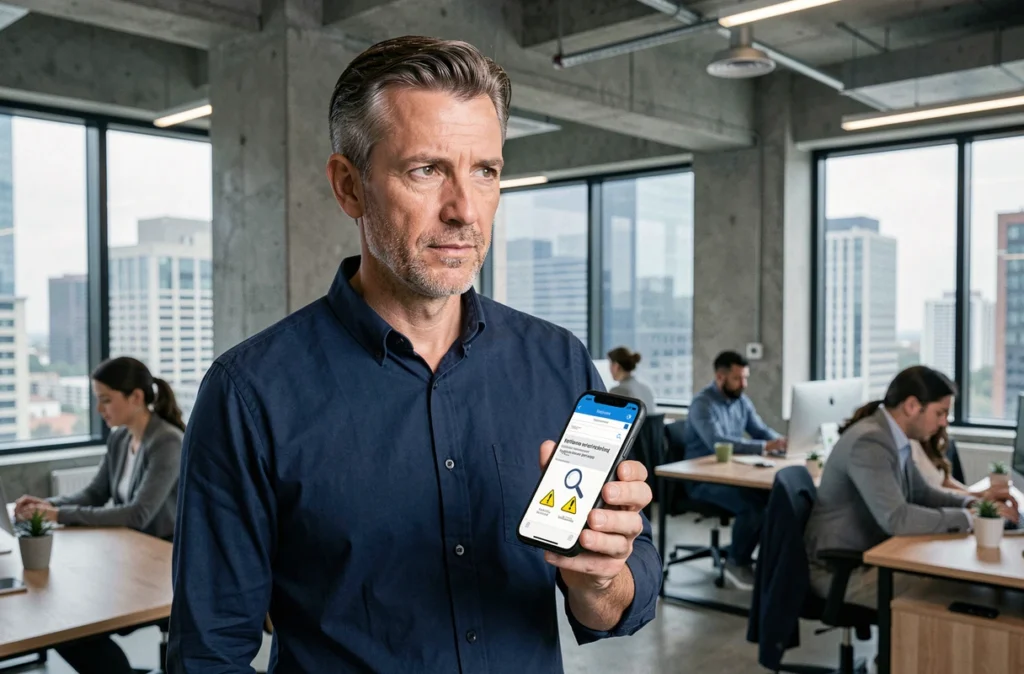 Homme vérifiant l'authenticité d'un site de trading sur son smartphone dans un espace de coworking moderne, illustration d'escroqueries financières en ligne
