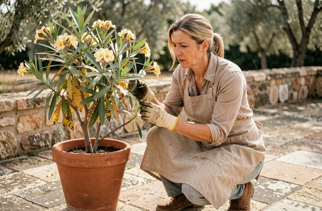 Jardinière inspectant les feuilles jaunes de son laurier rose en pot sur une terrasse provençale
