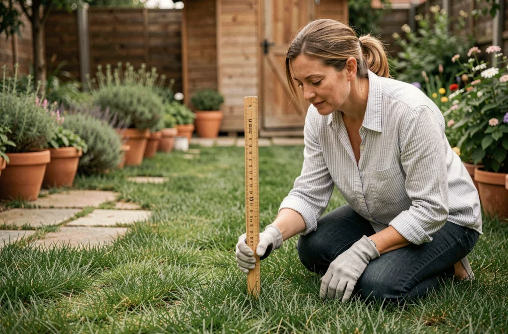 Femme mesurant la hauteur de coupe de sa pelouse avec une règle graduée pour un entretien optimal du gazon