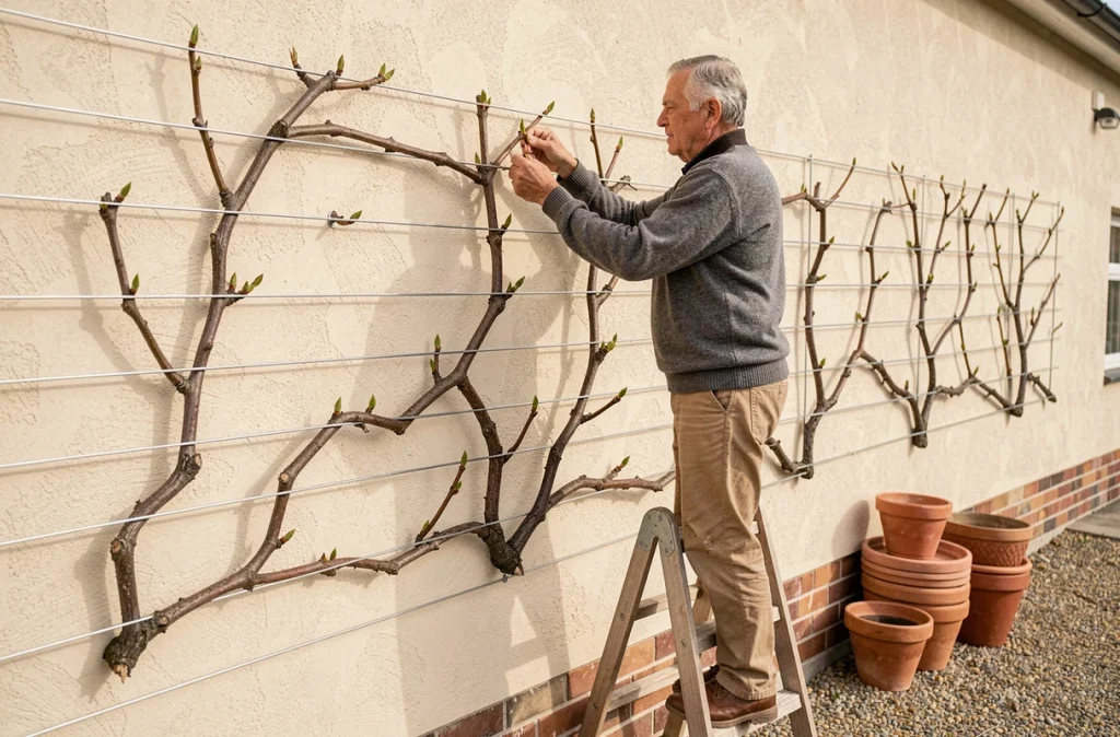 Homme palissant des sarments de vigne sur des fils horizontaux contre un mur de briques au printemps