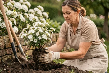 Femme plantant un arbuste à fleurs blanches dans un jardin au printemps, mains gantées et motte de terre visible