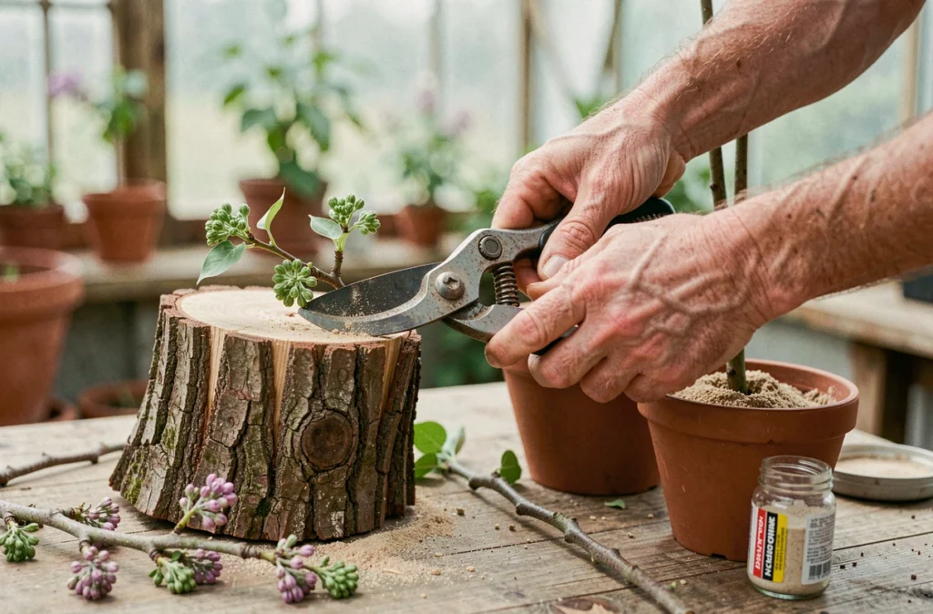Gros plan sur des mains masculines préparant des boutures de lilas depuis une souche avec un sécateur et de la poudre d'hormones d'enracinement