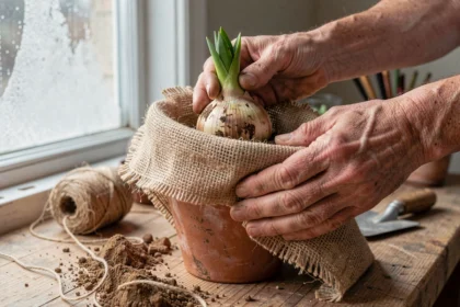 Mains protégeant un bulbe de lys oriental en pot avec de la toile de jute en hiver, sur un établi en bois