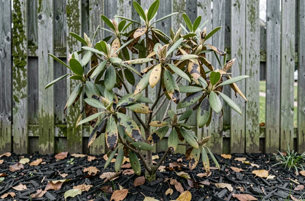 Rhododendron malade dans un jardin avec feuilles enroulées, bords nécrosés et fumagine noire visible
