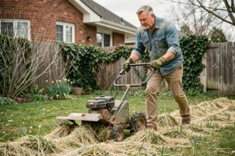 Homme d'âge mûr scarifiant sa pelouse avec un scarificateur manuel au printemps dans un jardin résidentiel