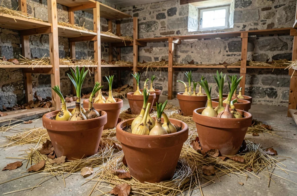 Rangement de pots de lys orientaux en cave avec paillis de paille pour protection hivernale des bulbes