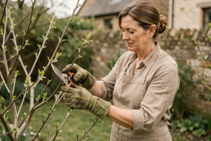 Femme taillant un prunus dans un jardin de campagne au printemps avec un sécateur, ambiance jardinière naturelle et apaisante