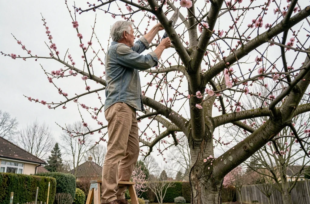 Homme âgé taillant un prunus en fleurs sur un escabeau en bois dans un jardin de banlieue, scène printanière réaliste