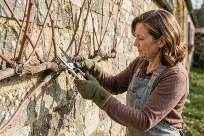 Jardinière taillant une vigne palissée contre un mur en pierre en fin d'hiver avec un sécateur