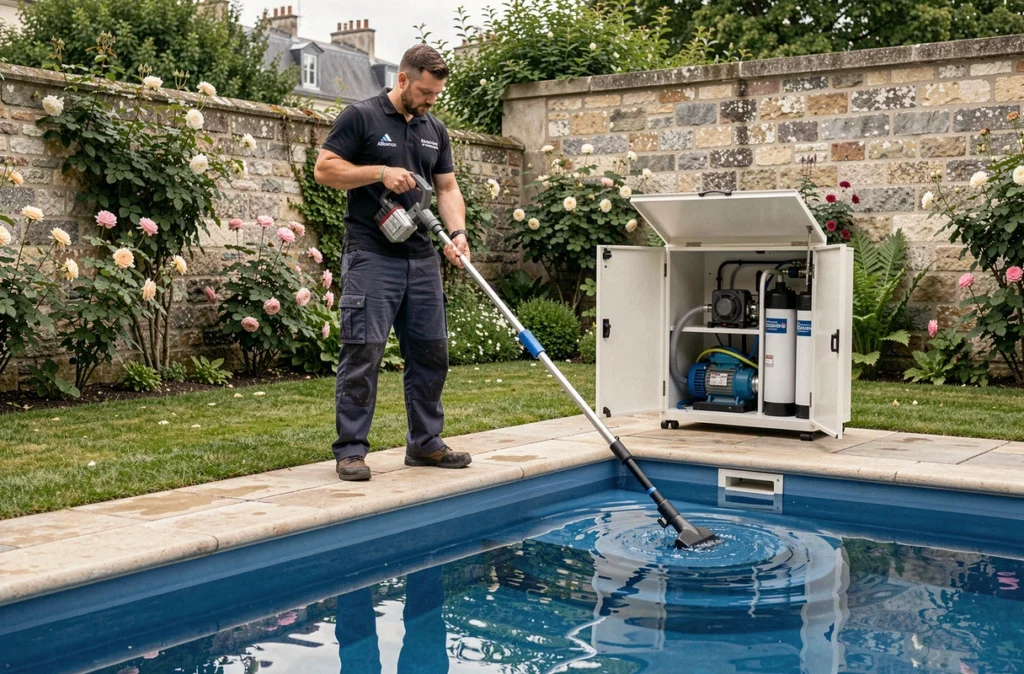 Technicien Alliance Piscines effectuant l'entretien régulier d'une piscine dans un jardin parisien avec équipements de filtration visibles