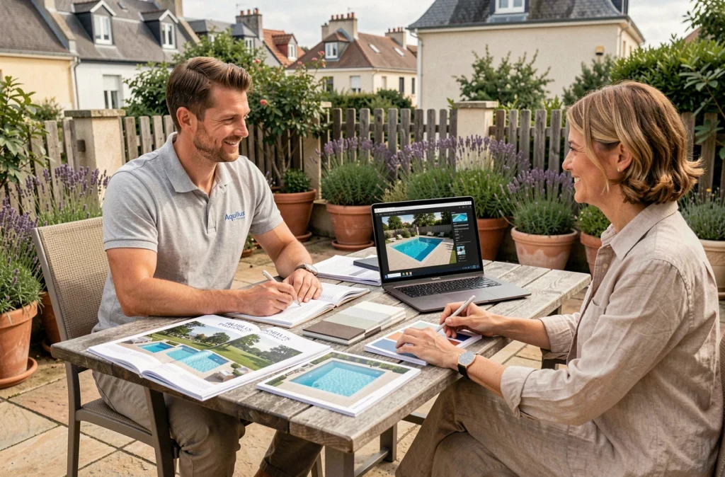 Conseiller Aquilus Piscines discutant d'un projet de piscine avec une propriétaire autour d'un catalogue et d'échantillons dans un jardin parisien