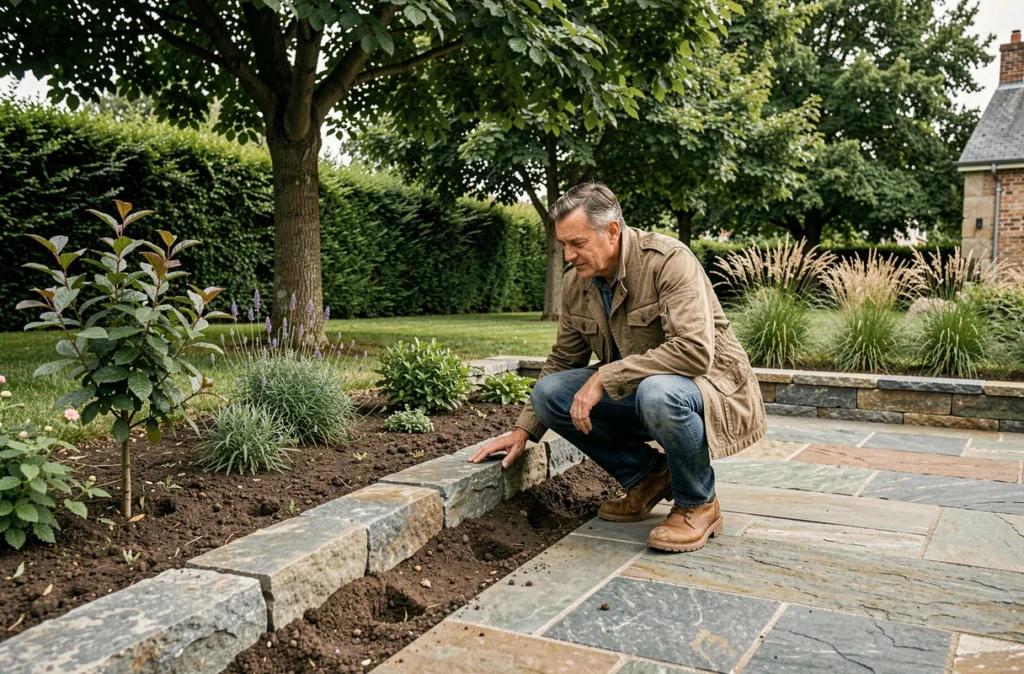 Paysagiste Azurial inspectant un aménagement de jardin en pierre dans une propriété d'Antony