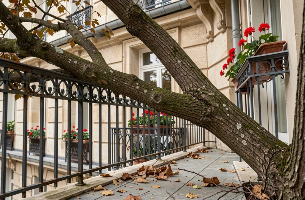 Branches d'arbre non élaguées empiétant sur le balcon d'un immeuble en copropriété, illustrant l'obligation légale d'élagage