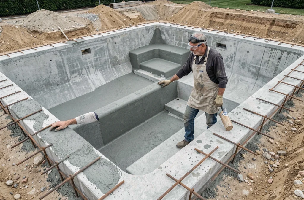 Spécialiste Carré Bleu inspectant l'intérieur d'une piscine en béton gunité fraîchement coulée dans une propriété parisienne