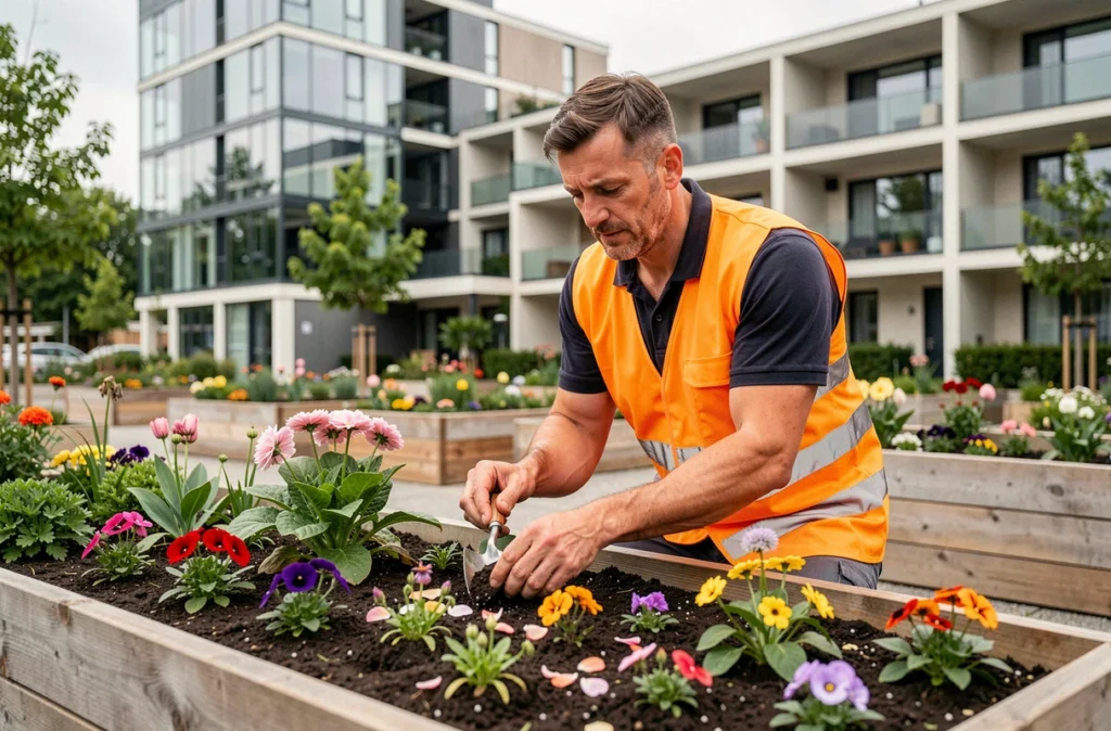 Technicien du Centre Services Puteaux plantant des fleurs saisonnières dans un espace vert résidentiel à Puteaux