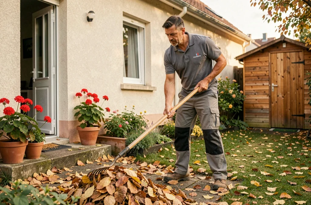 Agent du Centre Services Vanves ramassant des feuilles mortes dans un jardin résidentiel de Vanves