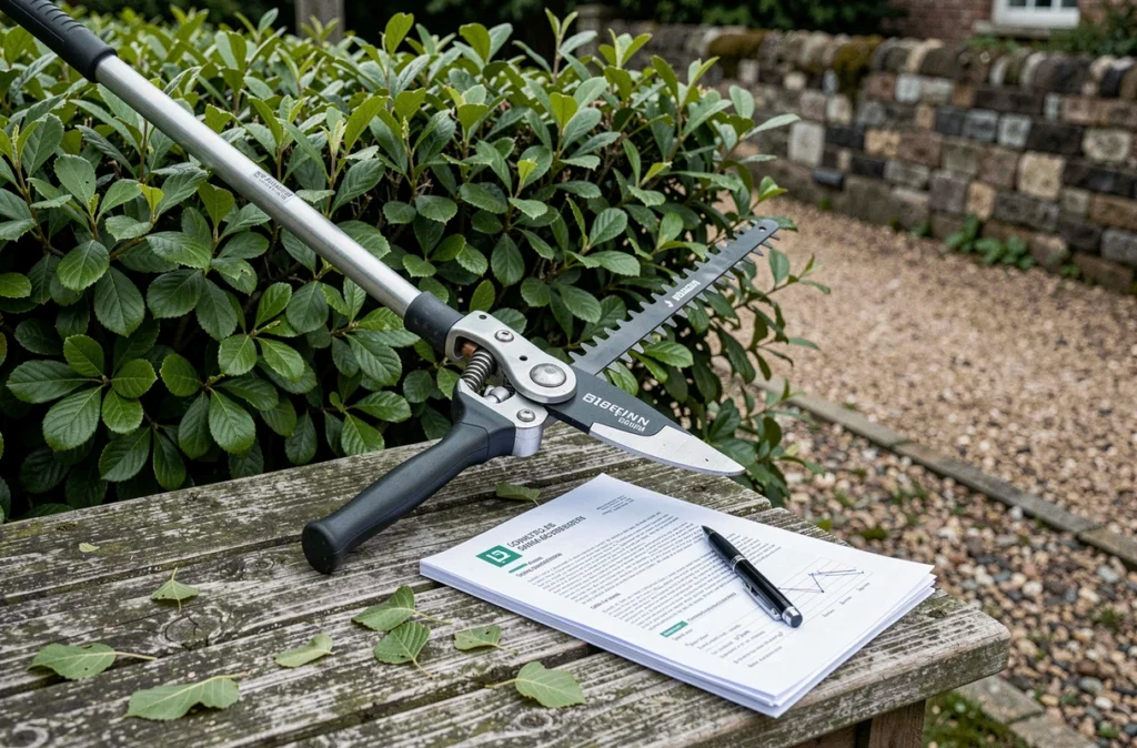 Cisailles de taille-haie posées contre une haie de charme avec des documents administratifs sur une table de jardin en bois évoquant le crédit d'impôt service à la personne