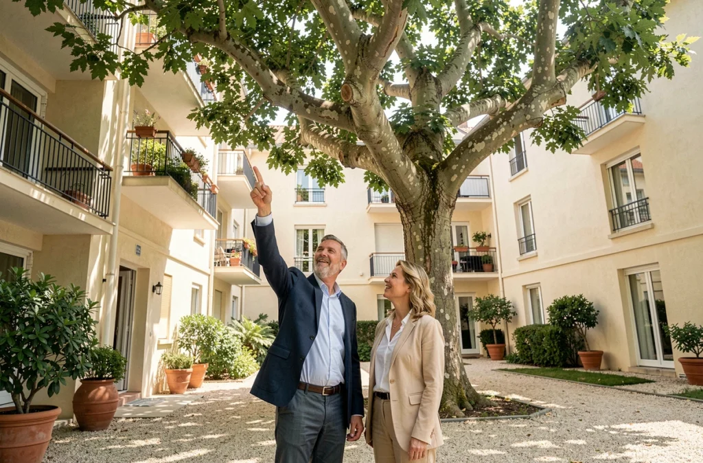 Deux copropriétaires discutant de l'élagage obligatoire d'un arbre débordant sur les balcons voisins