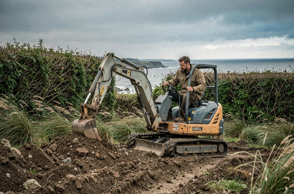 Paysagiste Cotentin Paysage utilisant une mini-pelle pour modeler un talus de jardin avec vue sur le littoral du Cotentin