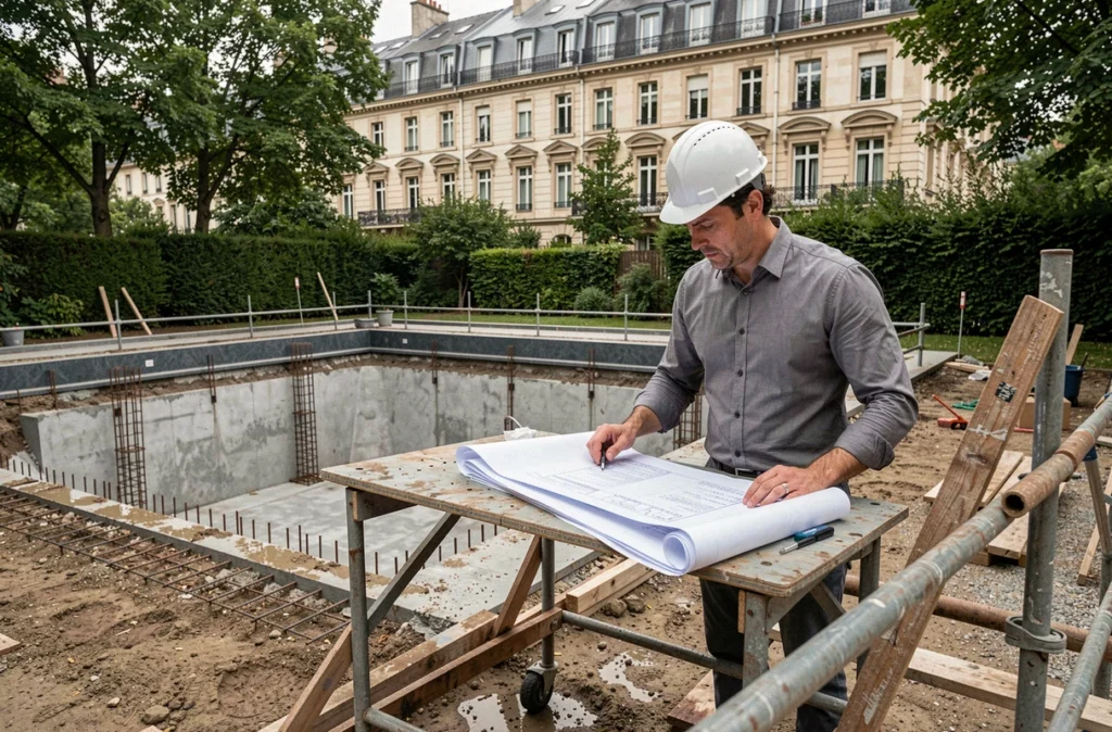 Construction d'une piscine sur mesure par Diffazur Piscines dans un jardin privé parisien avec un architecte consultant les plans