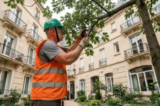 Arboriste professionnel élaguant un arbre en surplomb dans la cour d'une copropriété urbaine française