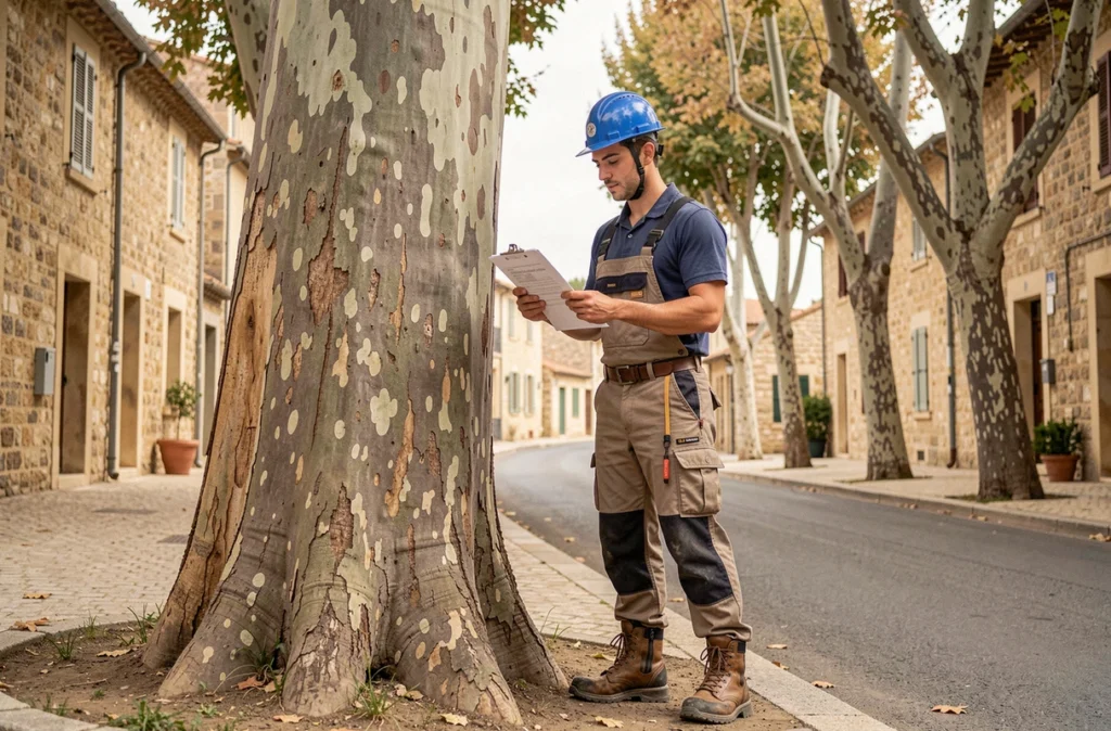 Élagueur consultant un devis au pied d'un platane dans une rue de Bagnols-sur-Cèze