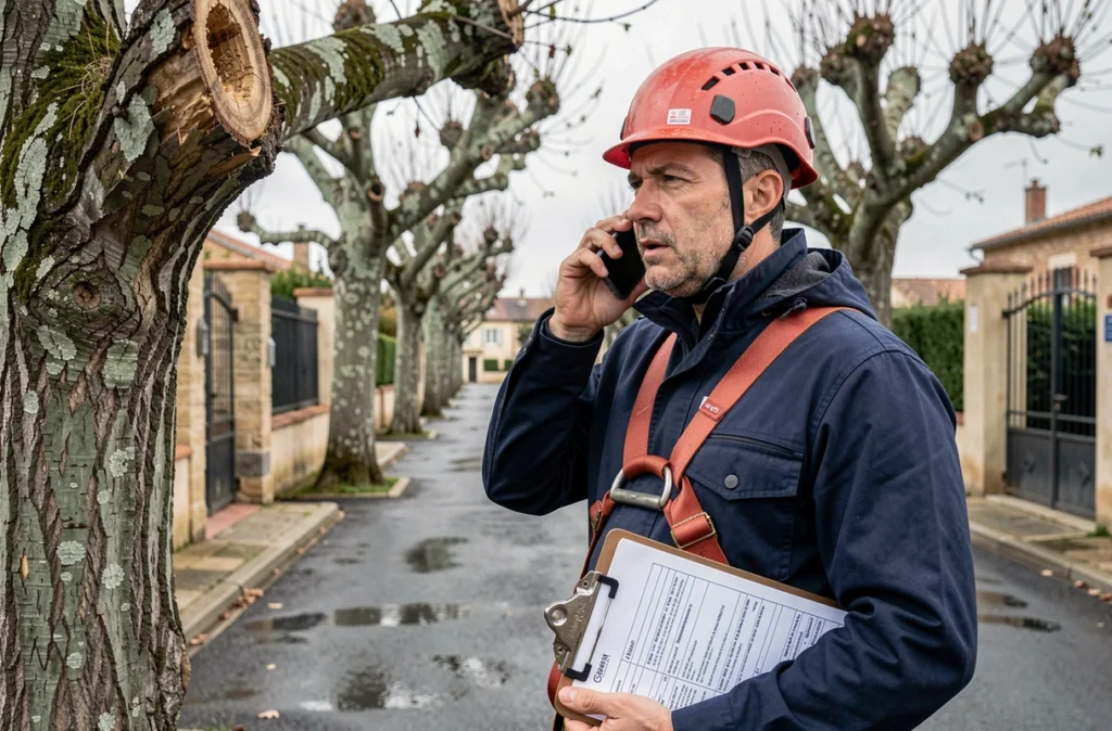 Élagueur évaluant un arbre dangereux en urgence et contactant son équipe par téléphone à Bergerac