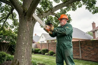 Élagueur professionnel en tenue de sécurité taillant les branches d'un grand chêne dans un jardin résidentiel